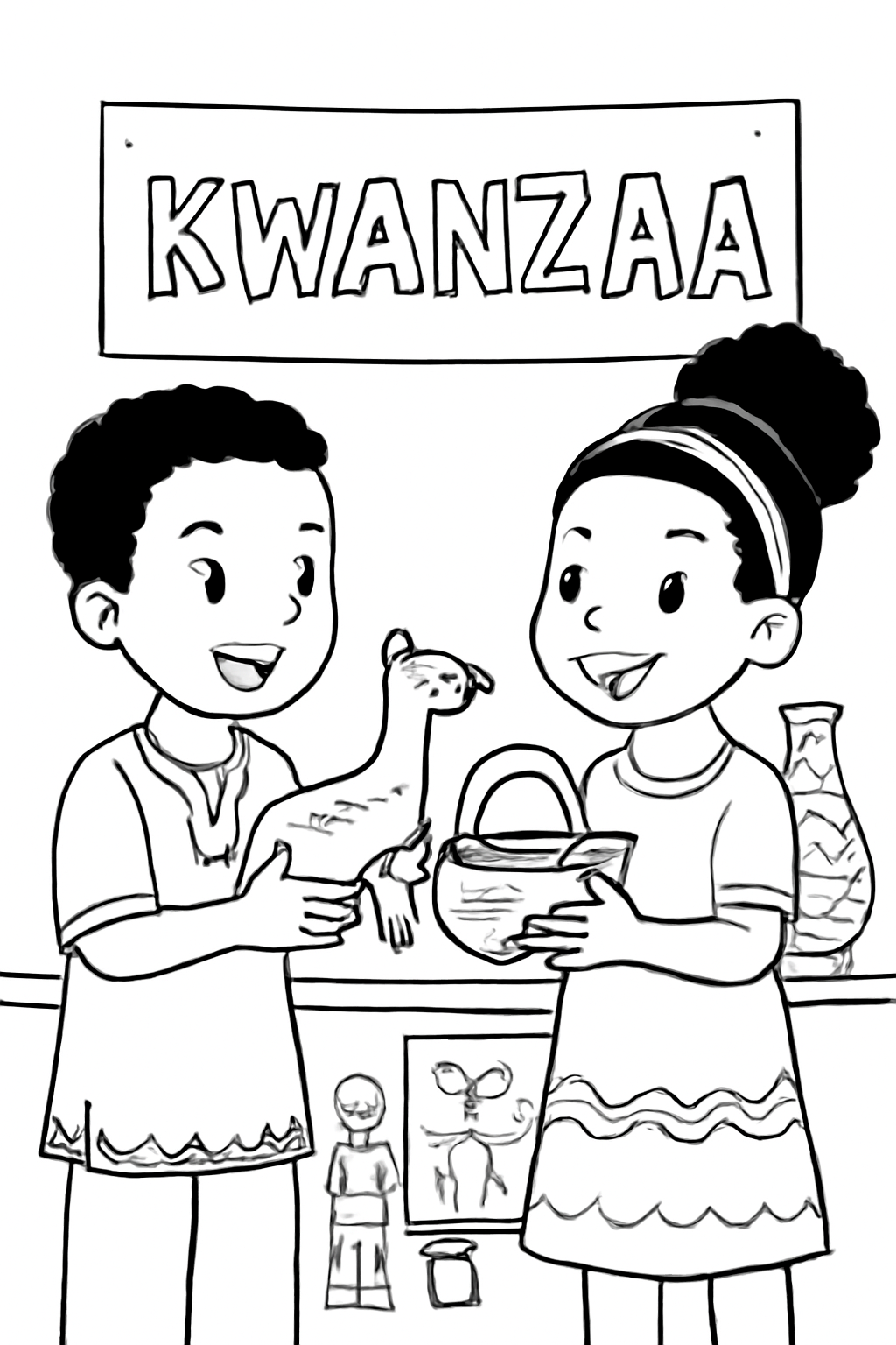 Free printable Kwanzaa gifts of handmade crafts being exchanged coloring page for kids