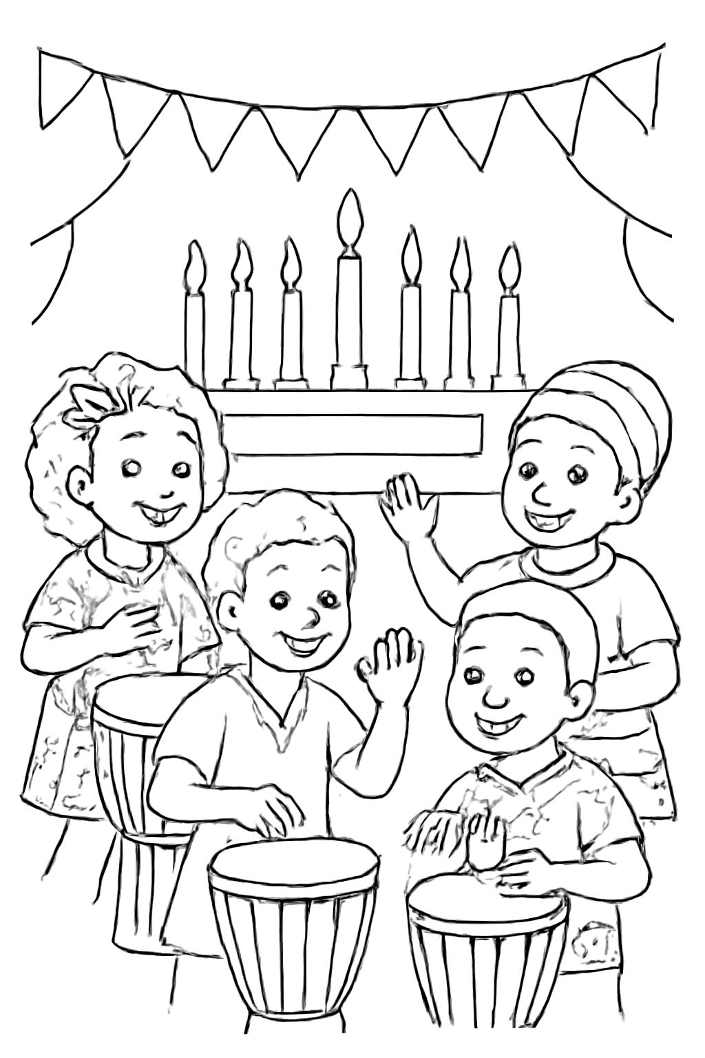 Free printable children drumming at a Kwanzaa celebration coloring page for kids