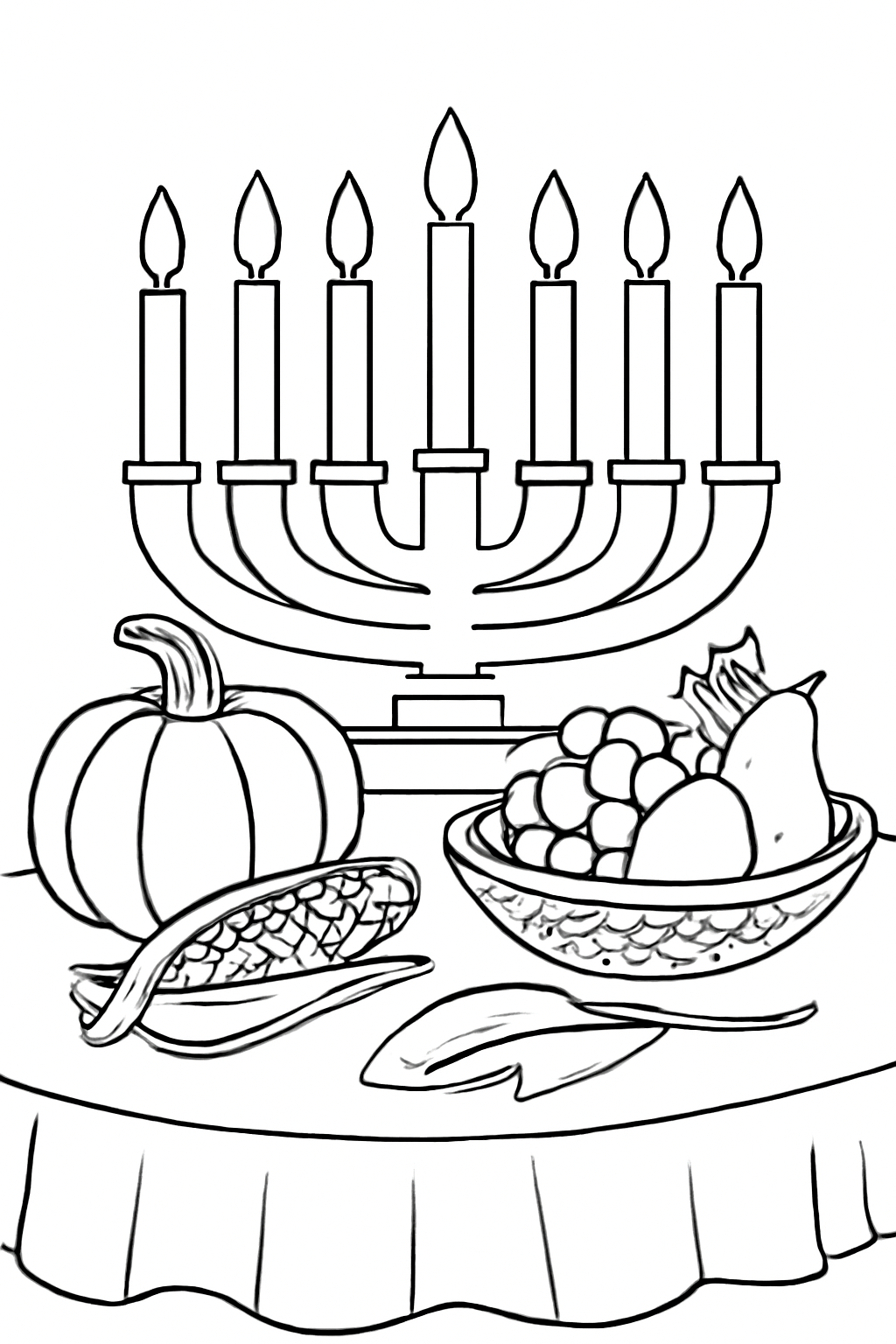 Free printable Kwanzaa harvest table with corn squash and fruit coloring page for kids