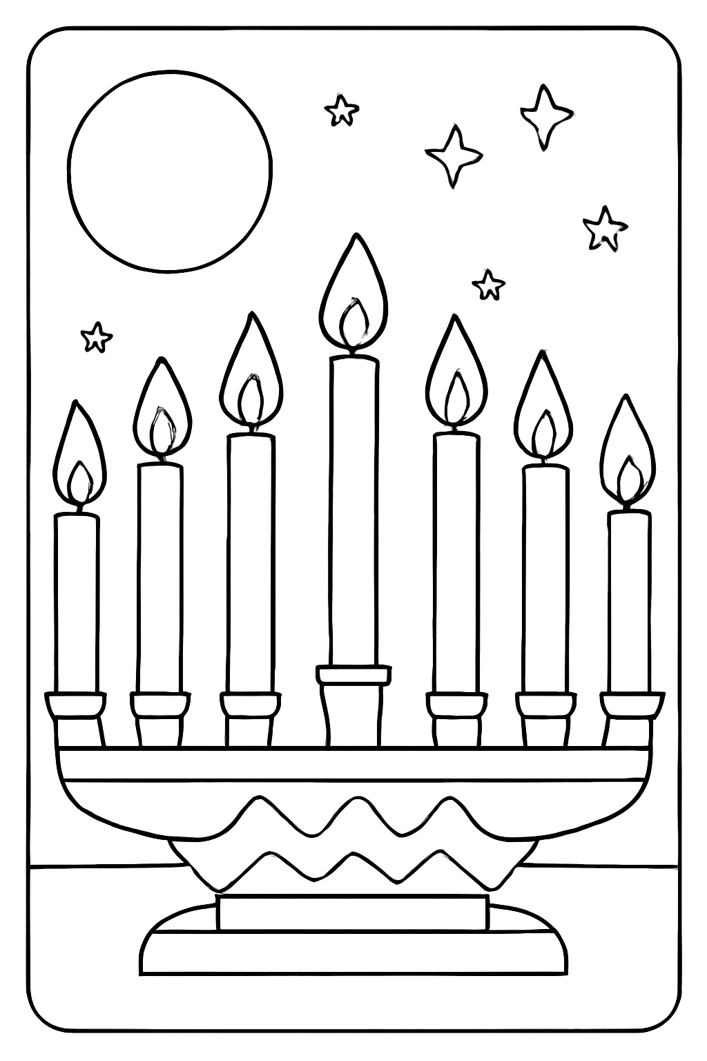 Free printable candle flames glowing on a Kwanzaa kinara at night coloring page for kids