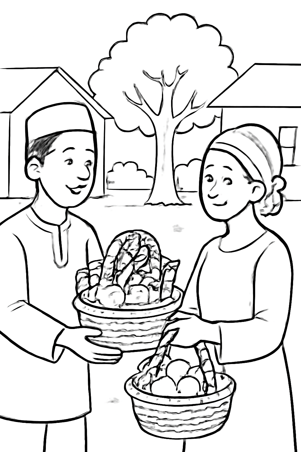Free printable baskets of fruit shared between Kwanzaa neighbors coloring page for kids