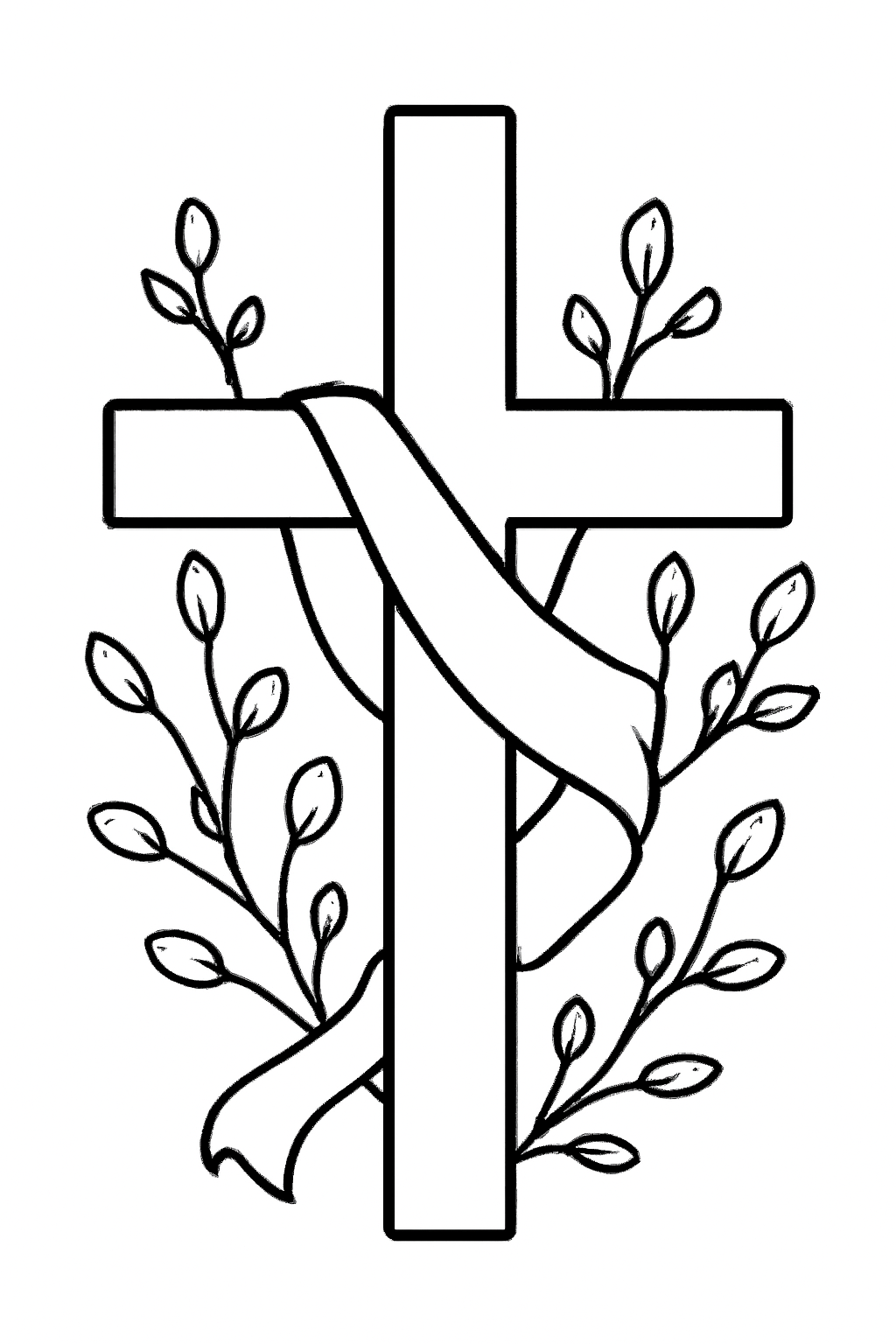 Free printable Lenten cross wrapped in purple ribbon with spring buds coloring page for kids
