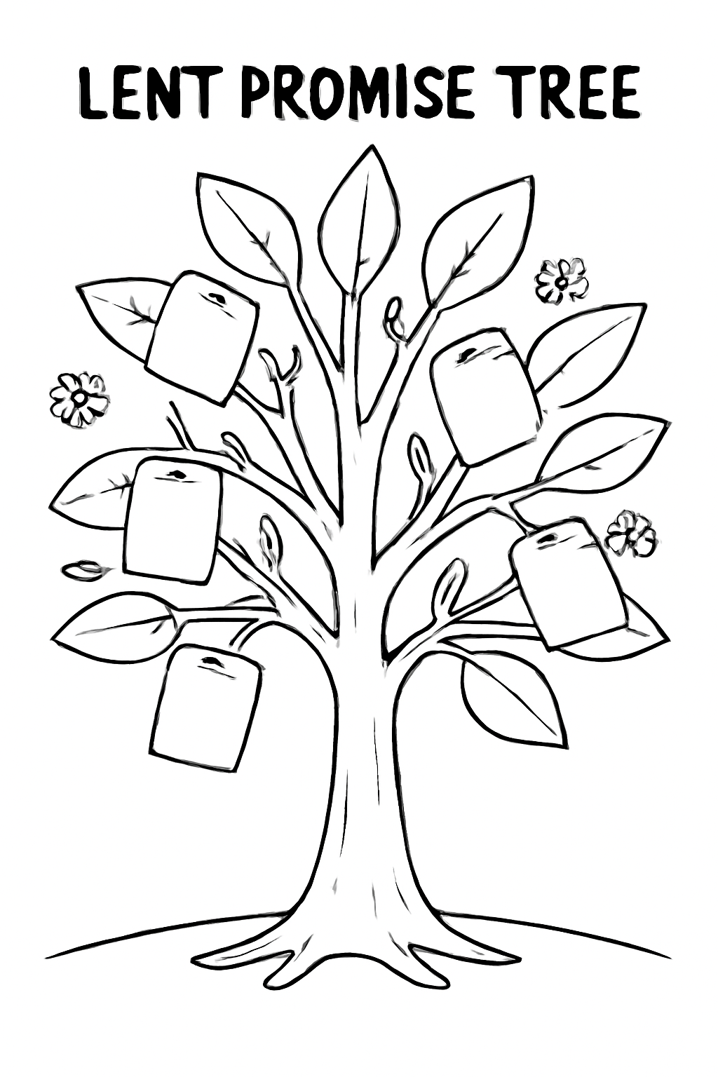 Free printable Lent promise tree with paper leaves of good deeds coloring page for kids