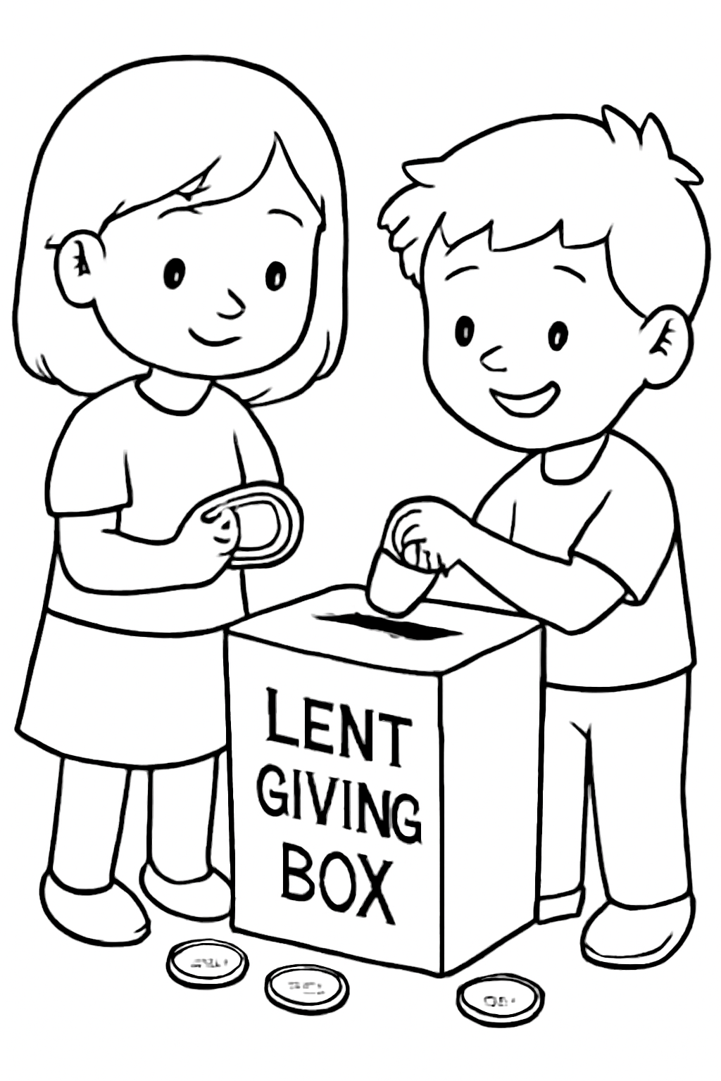 Free printable children collecting coins in a Lent giving box coloring page for kids