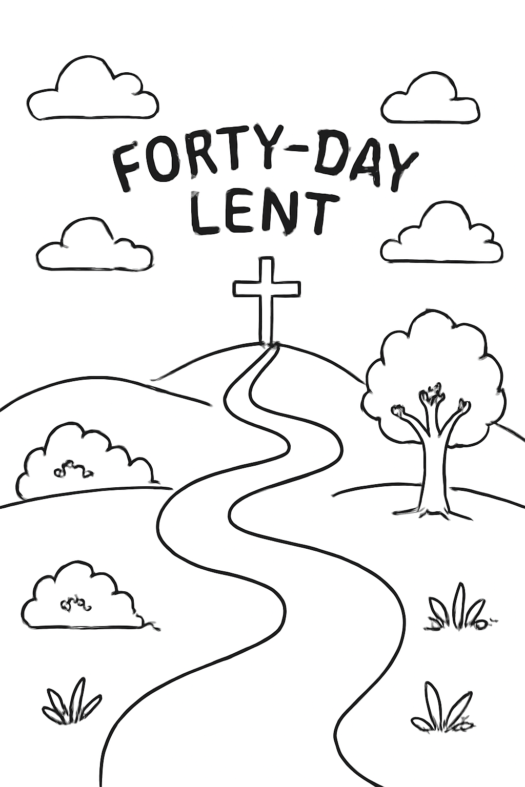 Free printable forty-day Lent path winding to a hilltop cross coloring page for kids