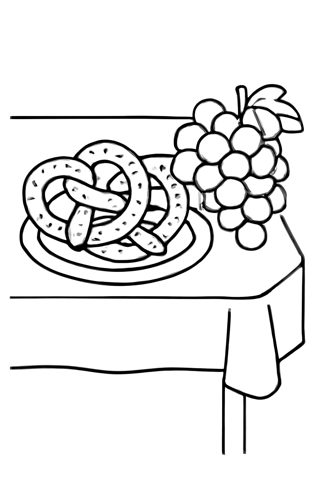 Free printable pretzels and grapes on a simple Lent table coloring page for kids