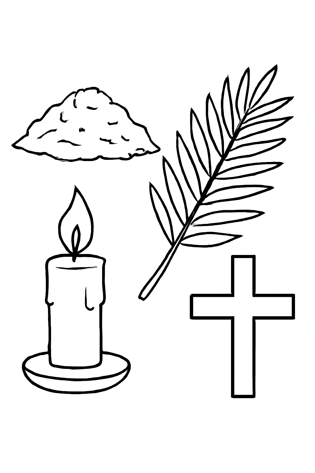 Free printable Lenten symbols with ashes palm branches candle and simple cross arranged respectfully coloring page