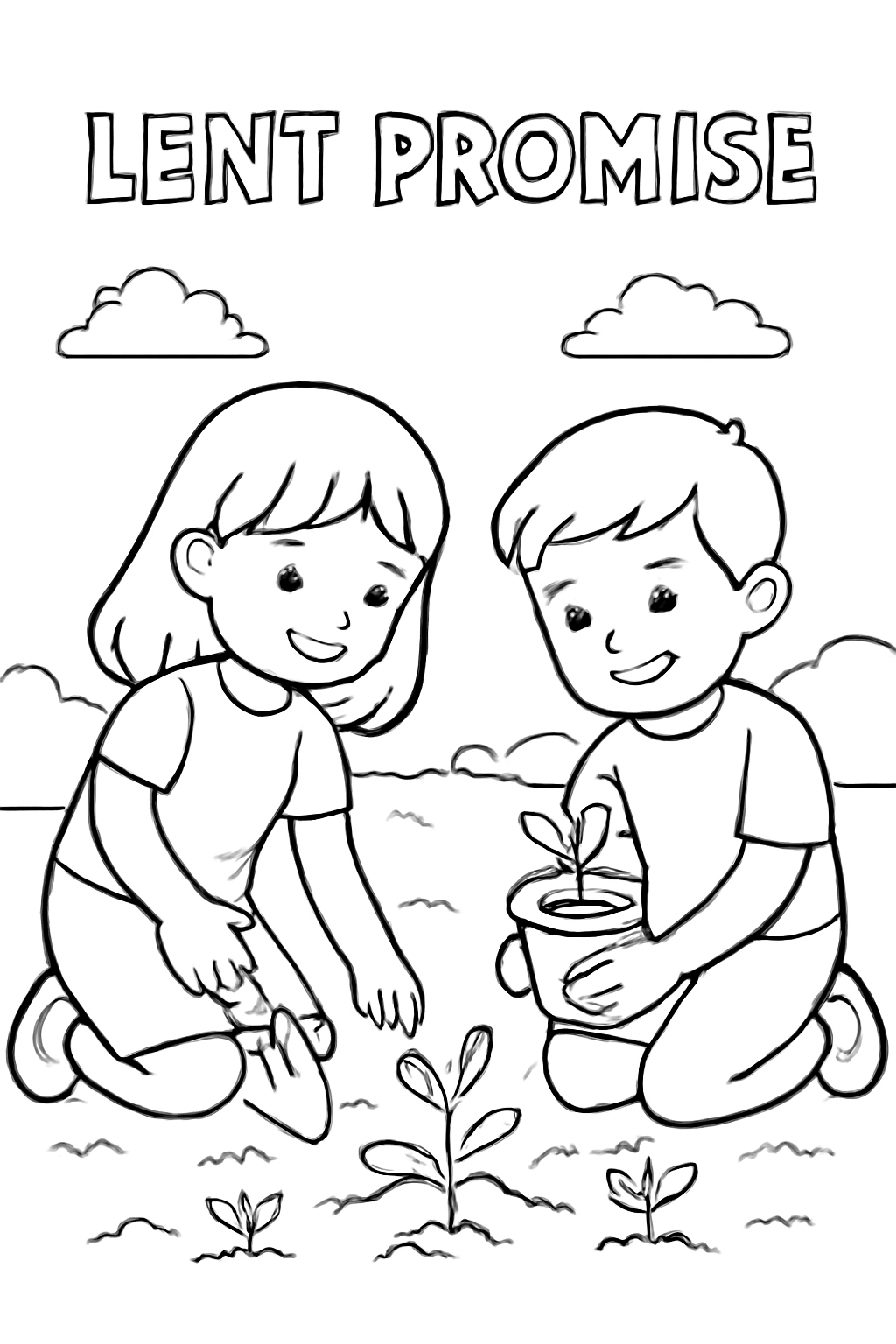Free printable children planting seedlings as a Lent promise coloring page for kids