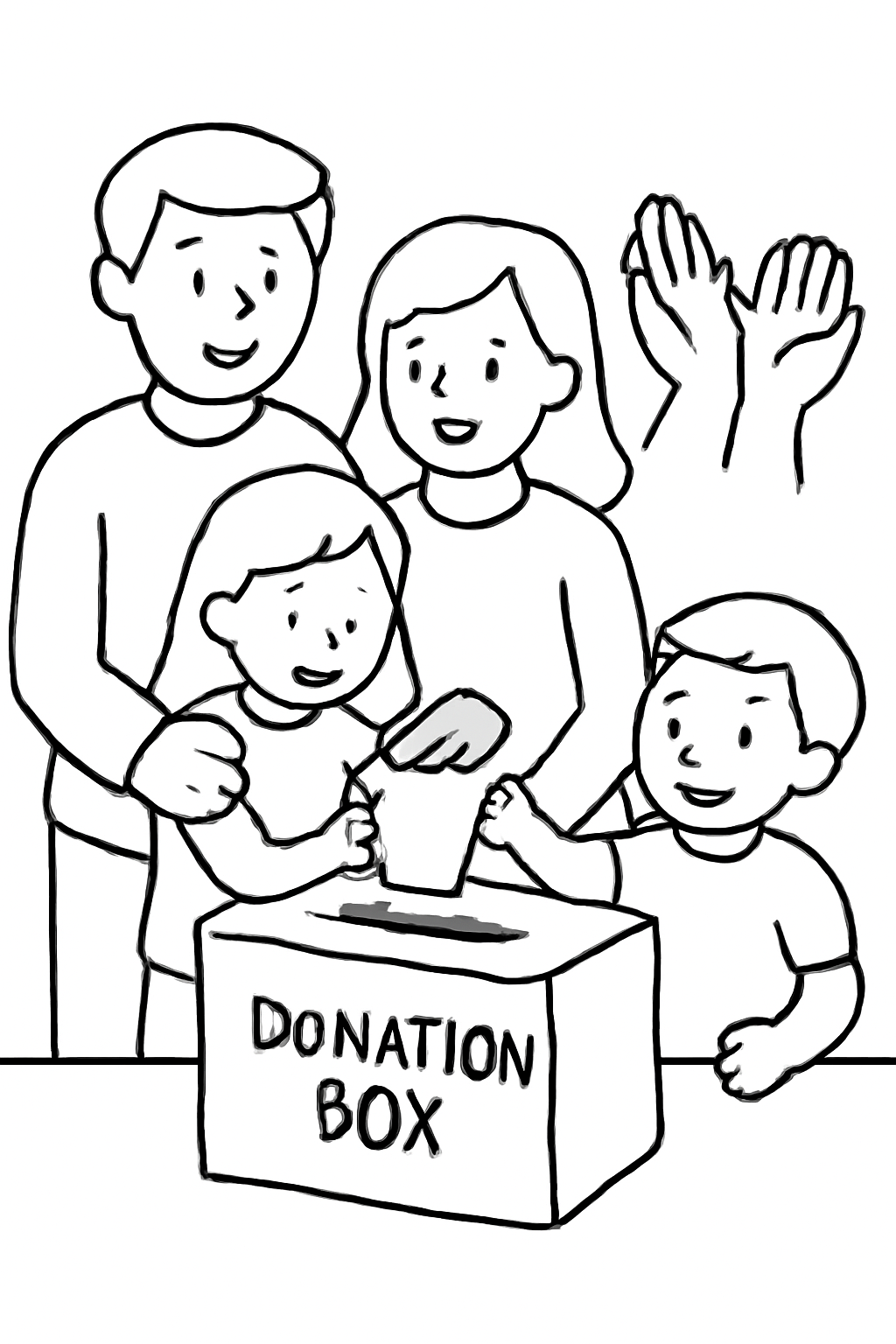 Free printable family donation box and helping hands representing Lent coloring page