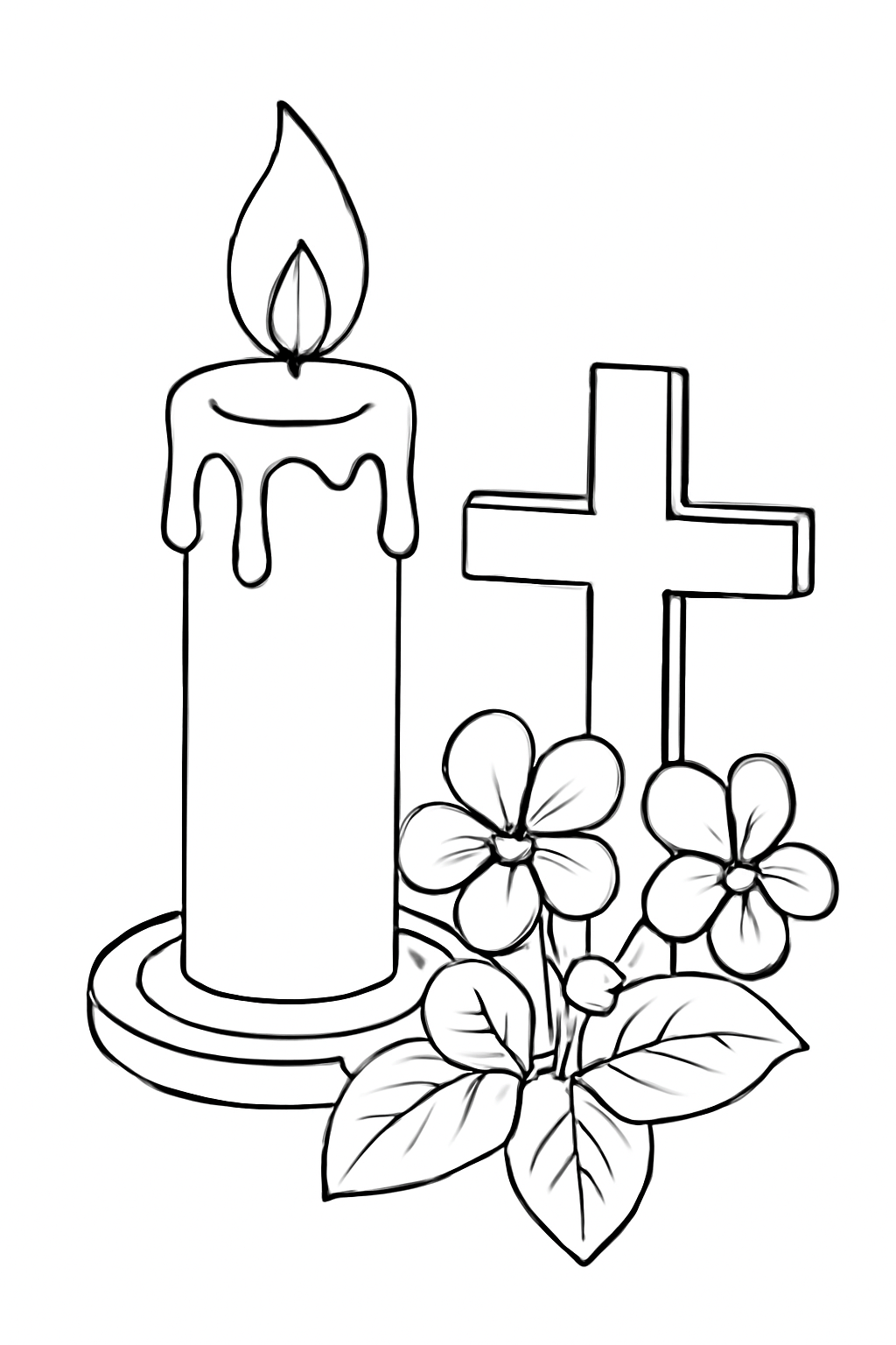 Free printable Lenten candle beside a small wooden cross and violets coloring page for kids