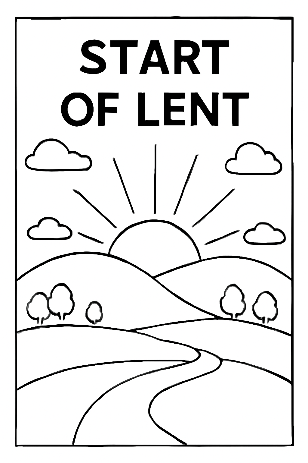 Free printable sunrise over hills marking the start of Lent coloring page for kids
