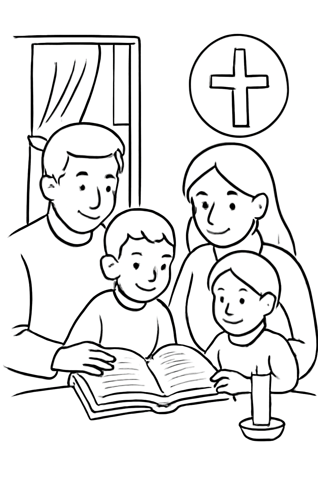 Free printable family reading together by candlelight during Lent coloring page for kids