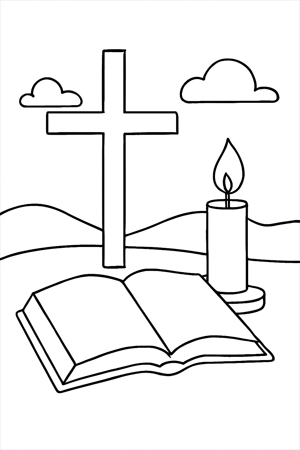 Free printable quiet Lent reflection scene with candle open book and simple cross coloring page
