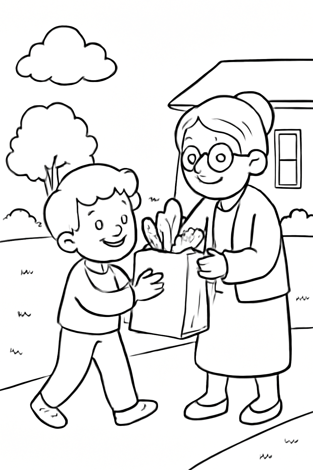Free printable child helping a neighbor carry groceries as a Lent good deed coloring page for kids