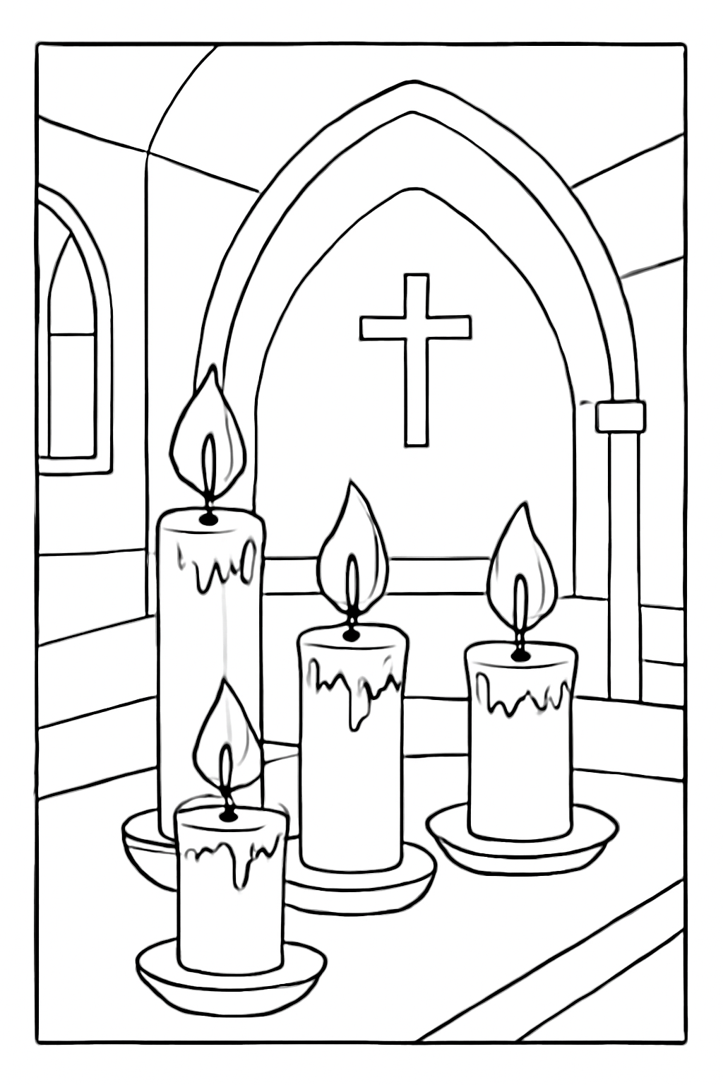 Free printable quiet chapel candles glowing during Lent coloring page for kids