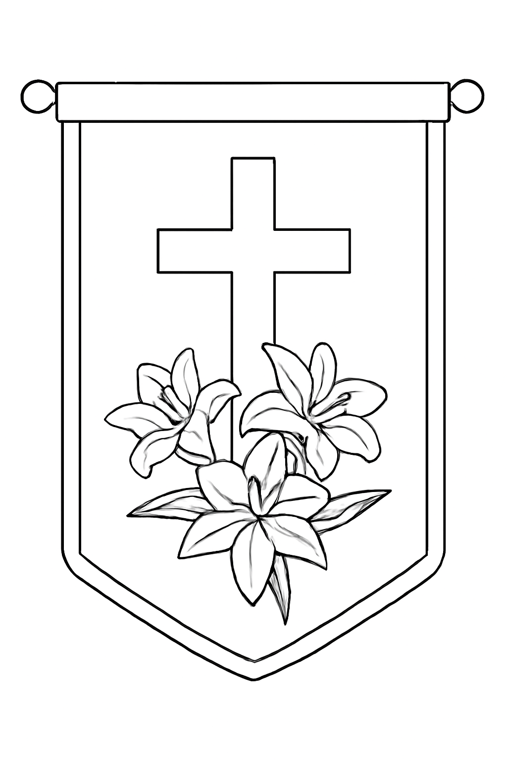 Free printable purple Lent banner with a plain cross and lilies coloring page for kids
