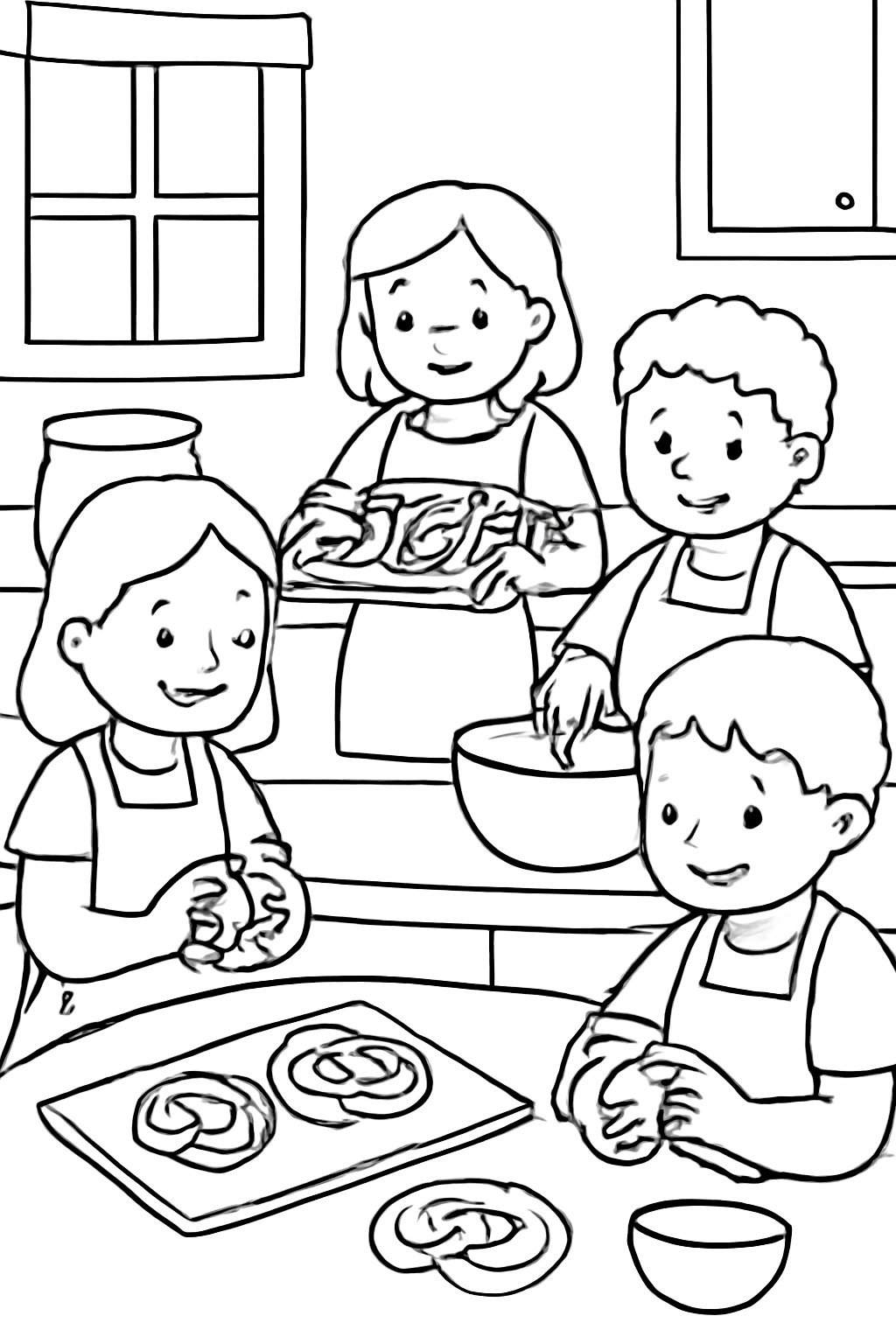 Free printable children baking pretzels for Lent coloring page for kids