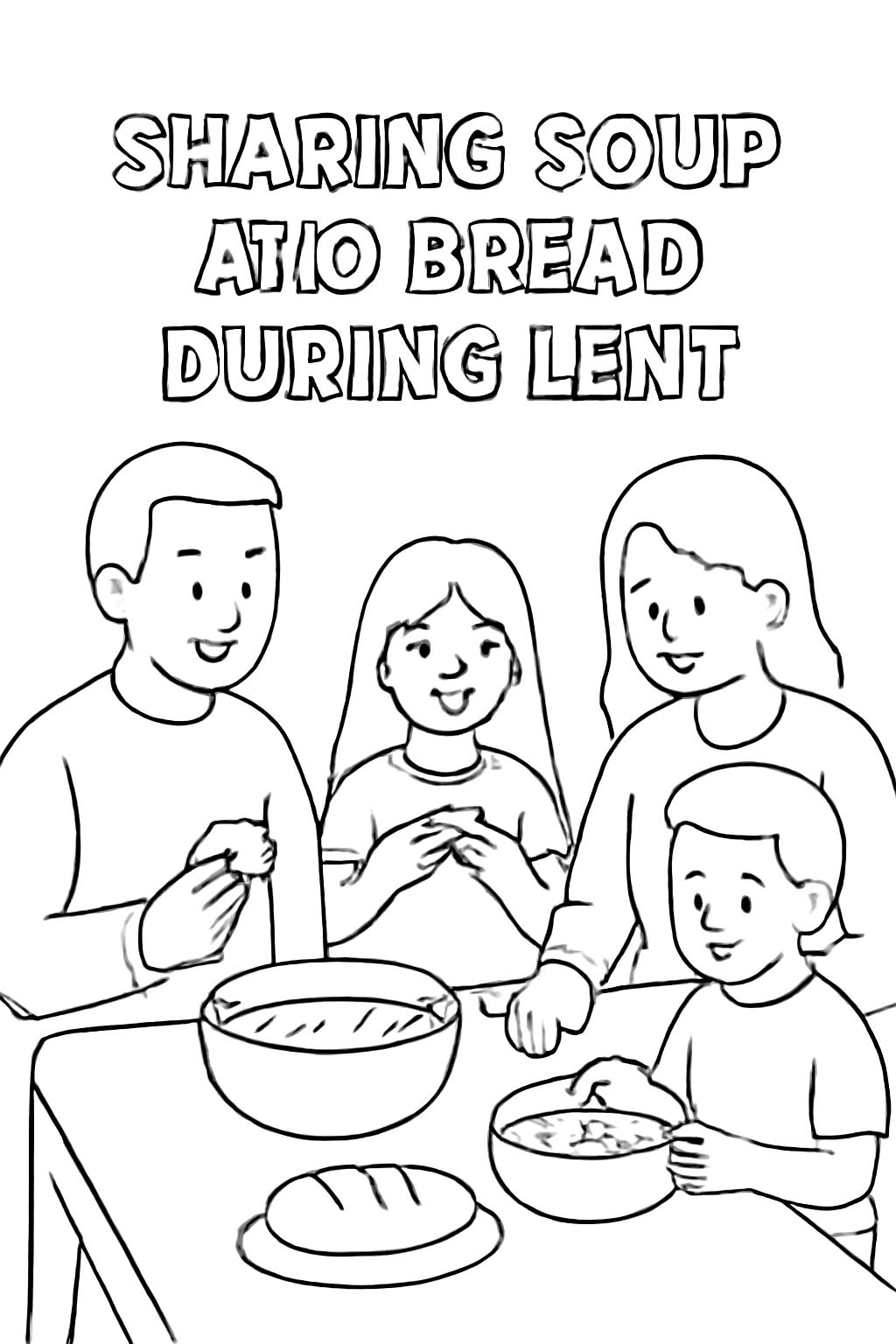 Free printable family sharing simple soup and bread during Lent coloring page for kids