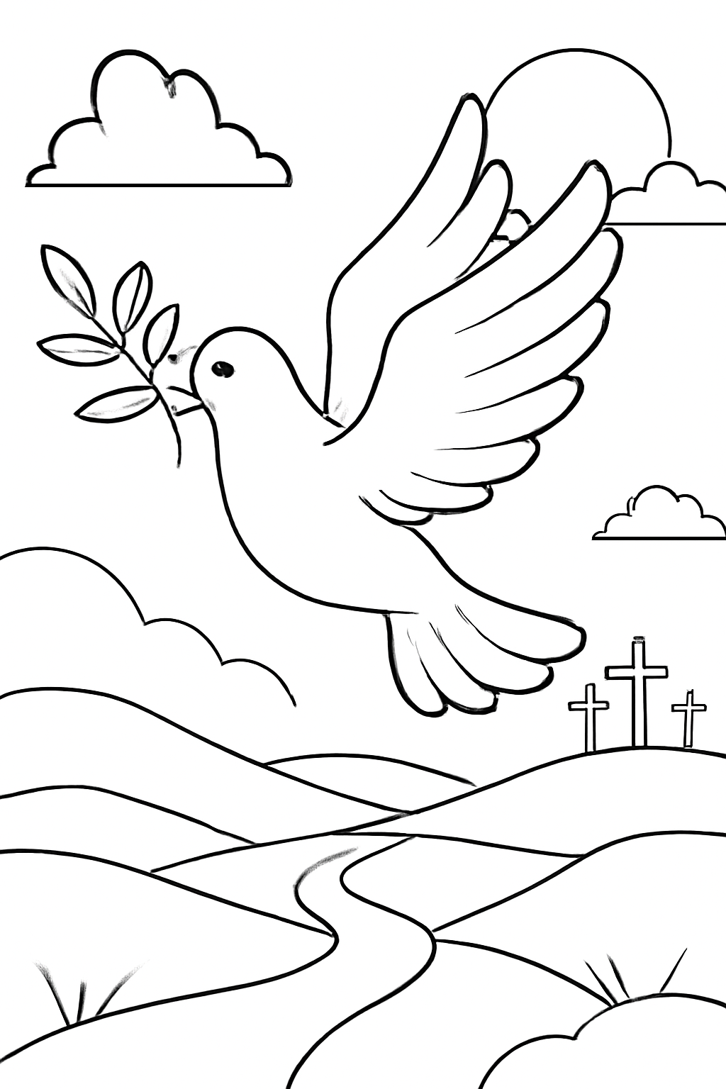 Free printable dove carrying an olive branch over a Lenten landscape coloring page for kids