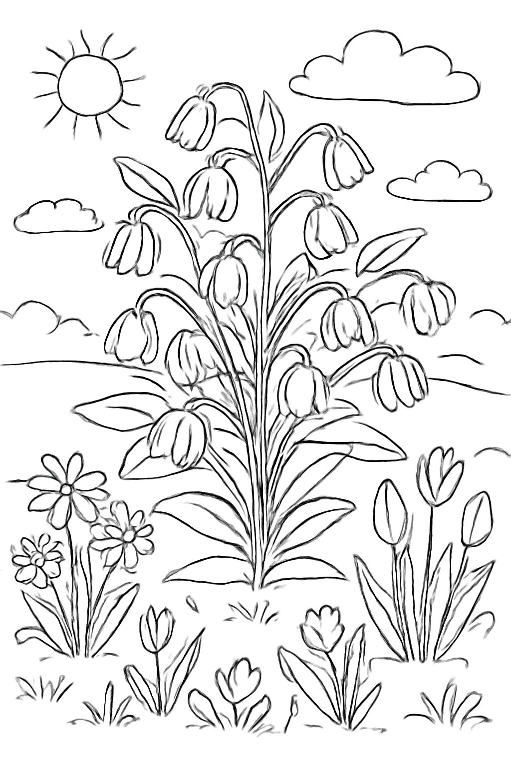 Free printable Lenten garden with forty flowers waiting to bloom coloring page for kids