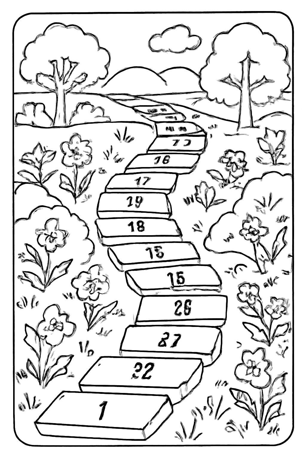 Free printable Lent calendar of forty stepping stones through a garden coloring page for kids