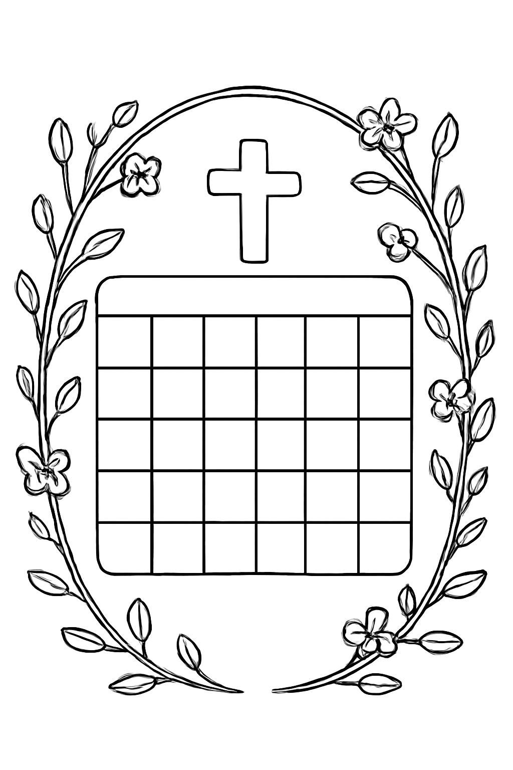 Free printable Lenten calendar with forty simple spaces cross and spring branches without text coloring page