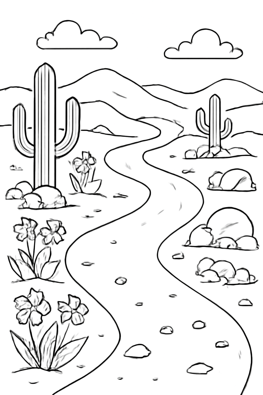 Free printable Lenten desert path with cactus wildflowers and forty stones coloring page for kids