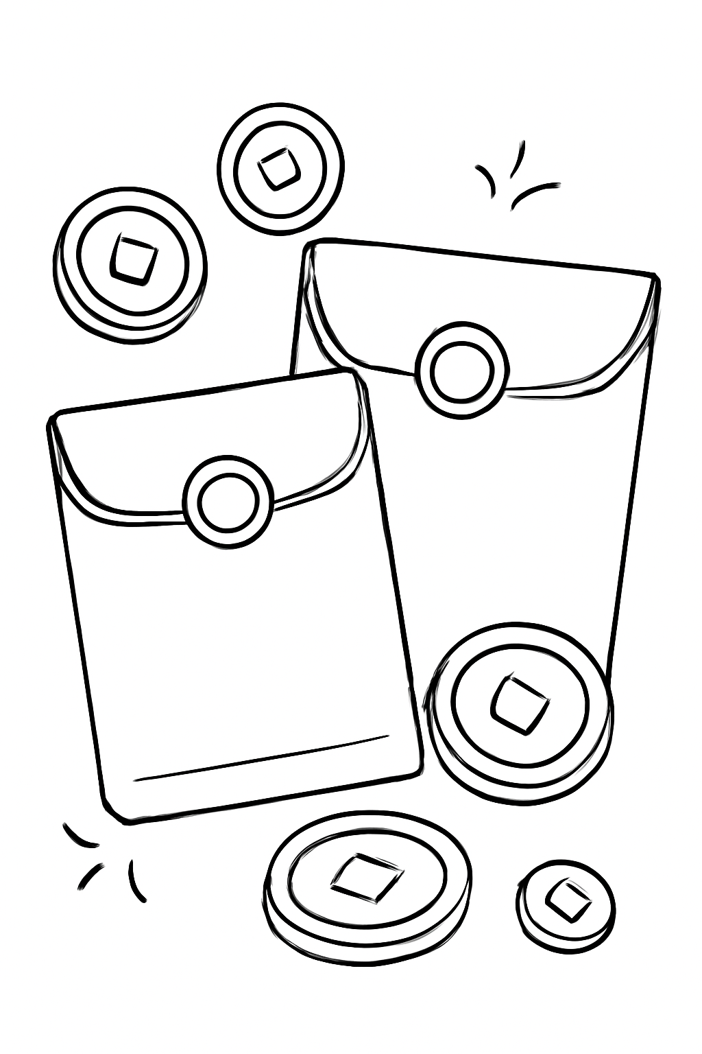 Free printable red envelopes with gold coins for Lunar New Year coloring page for kids
