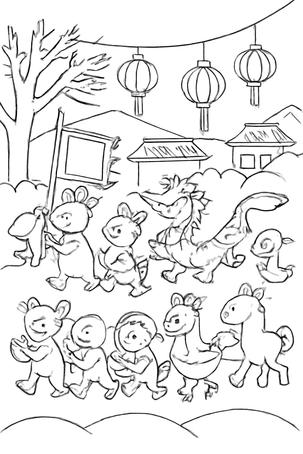 Free printable zodiac animals parading for Lunar New Year coloring page for kids