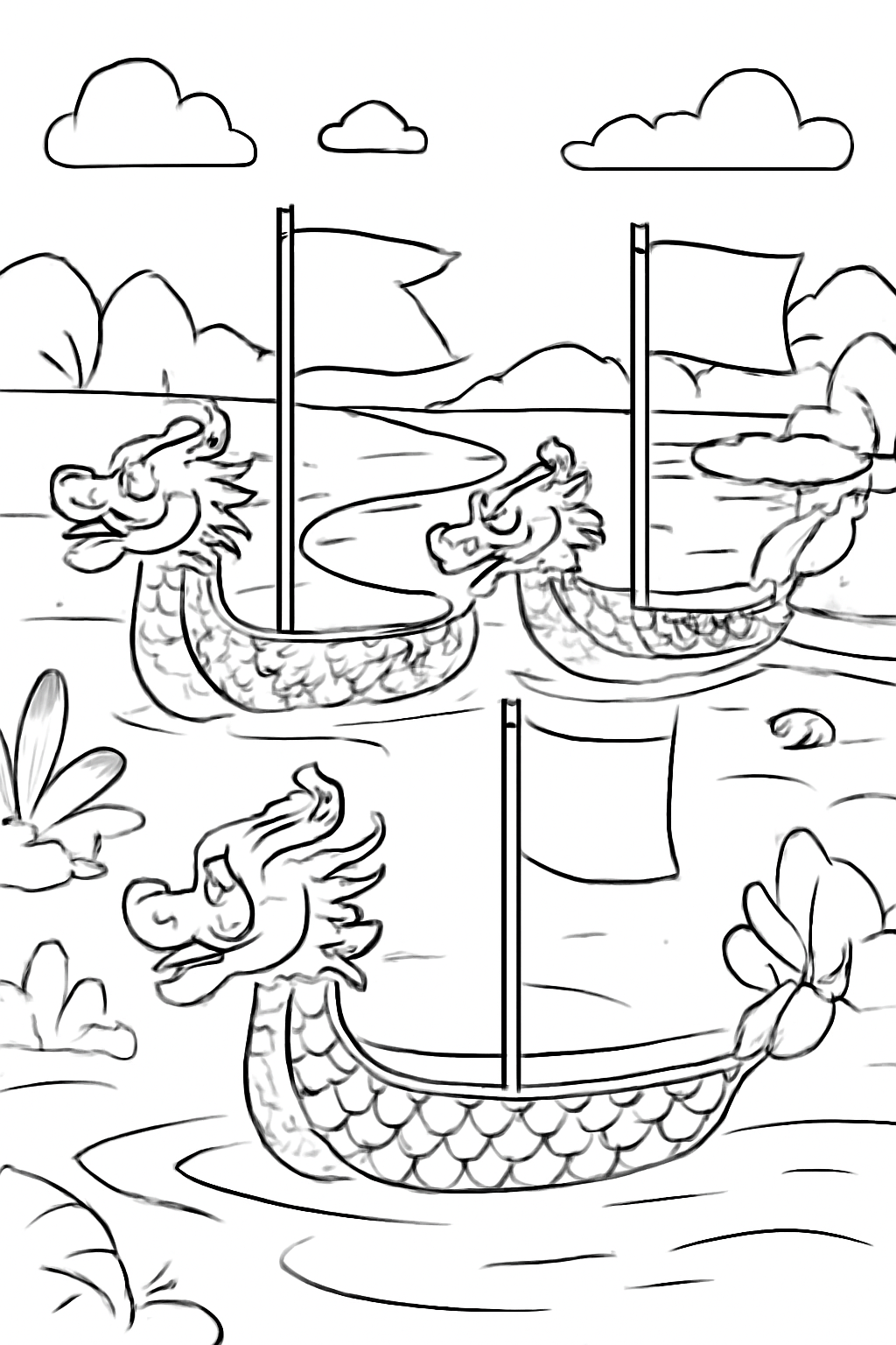 Free printable Lunar New Year boats with flags on a river coloring page for kids