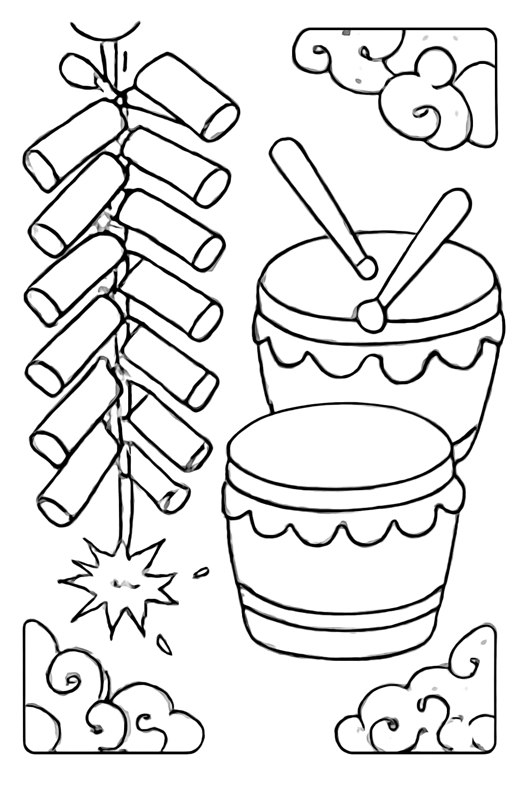Free printable firecracker strings and drums for Lunar New Year coloring page for kids