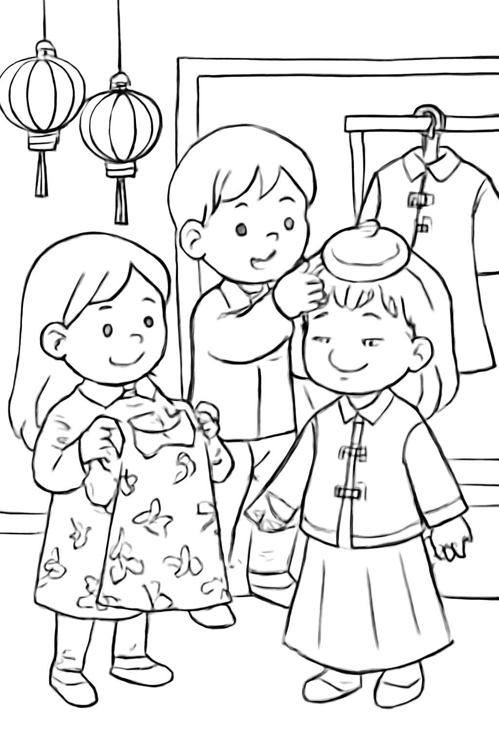 Free printable children trying on new clothes for Lunar New Year coloring page for kids
