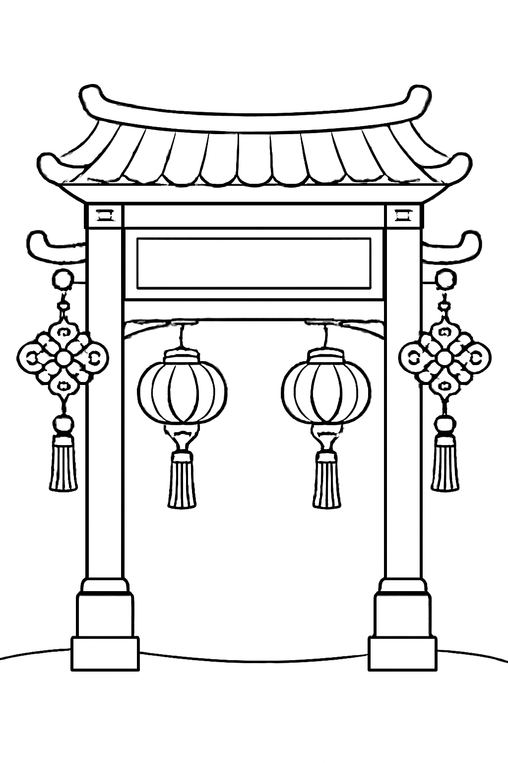 Free printable Lunar New Year gate decorated with knots and tassels coloring page for kids