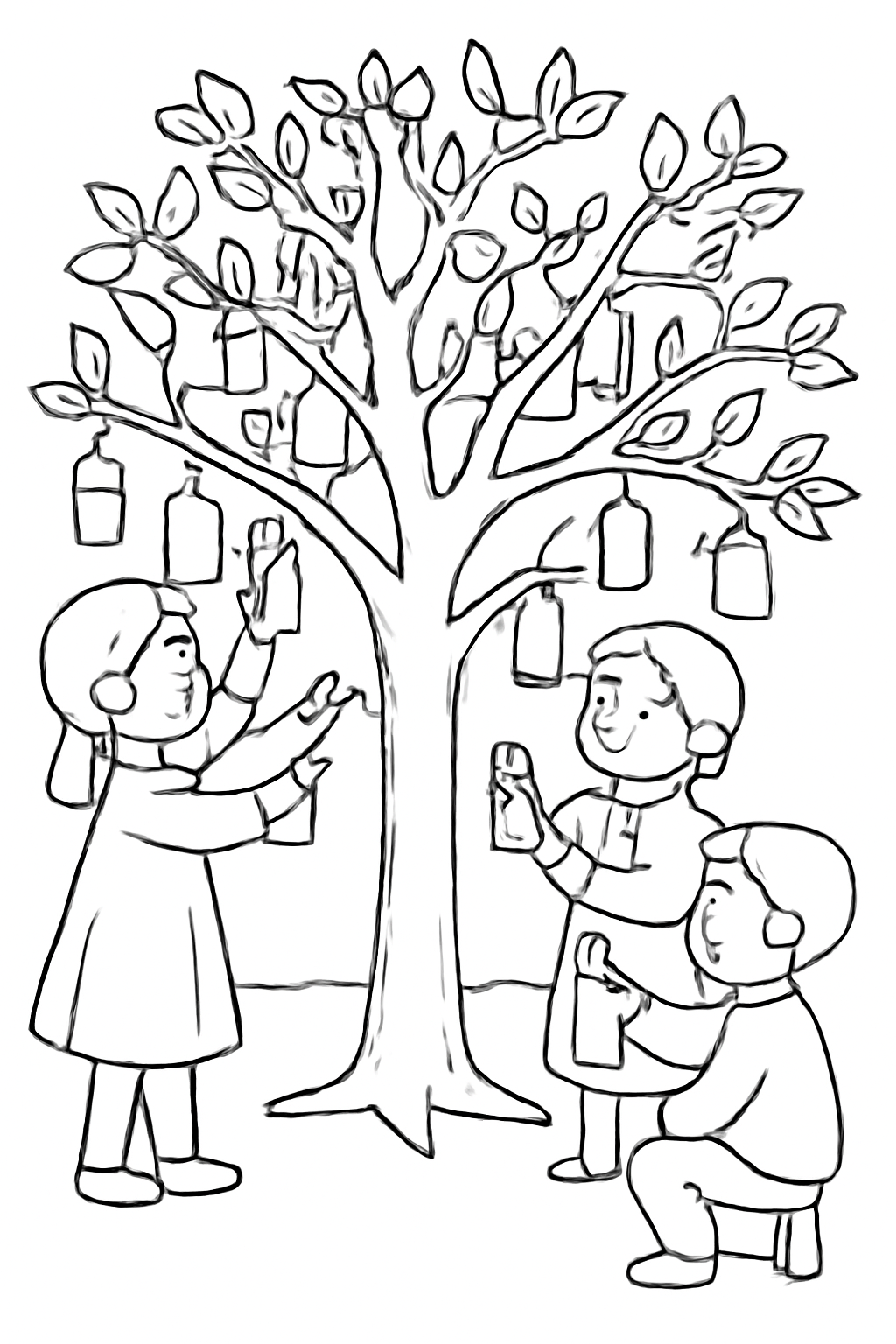 Free printable children hanging red envelopes on a Lunar New Year wishing tree coloring page for kids