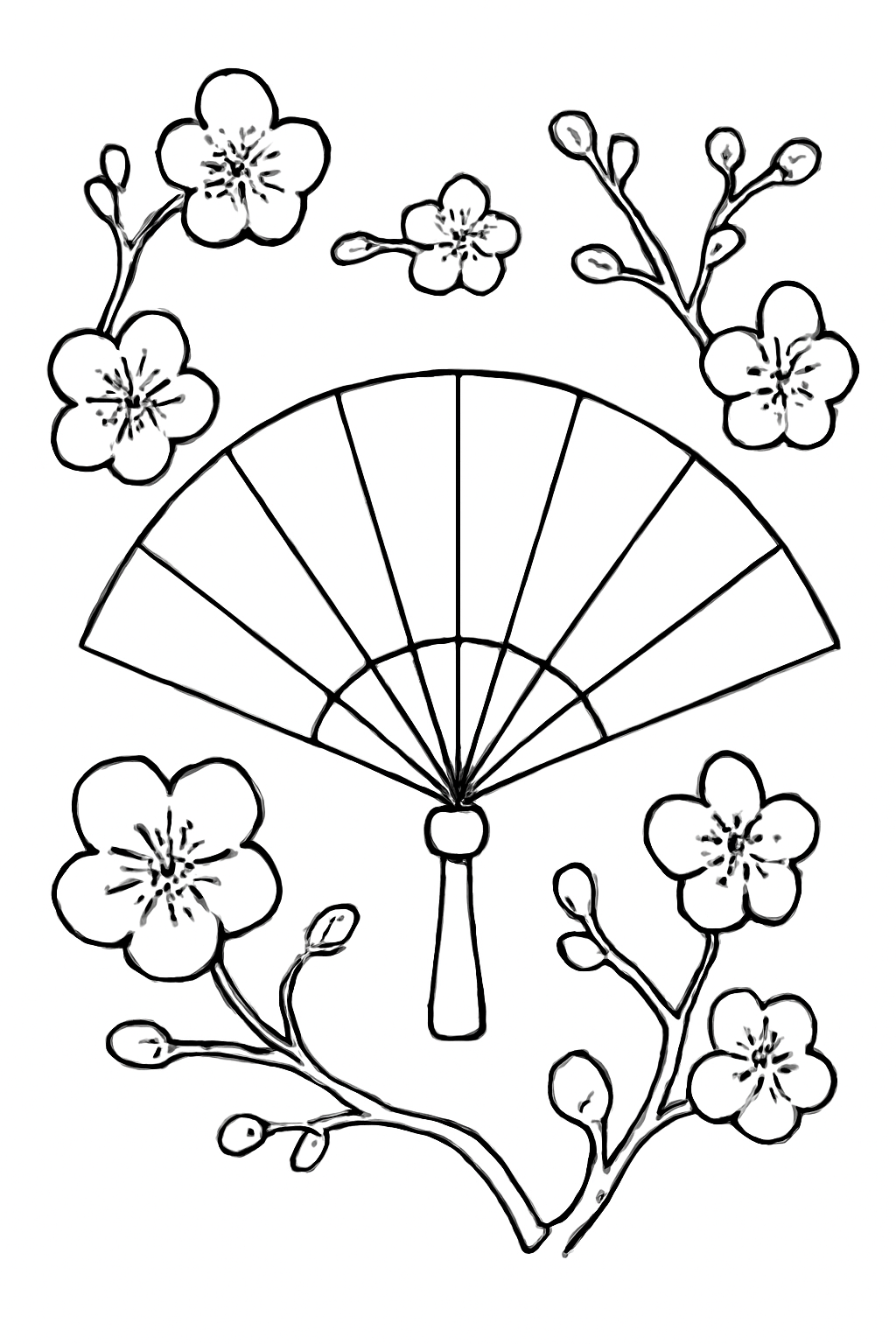 Free printable Lunar New Year fan and plum blossom pattern coloring page for kids