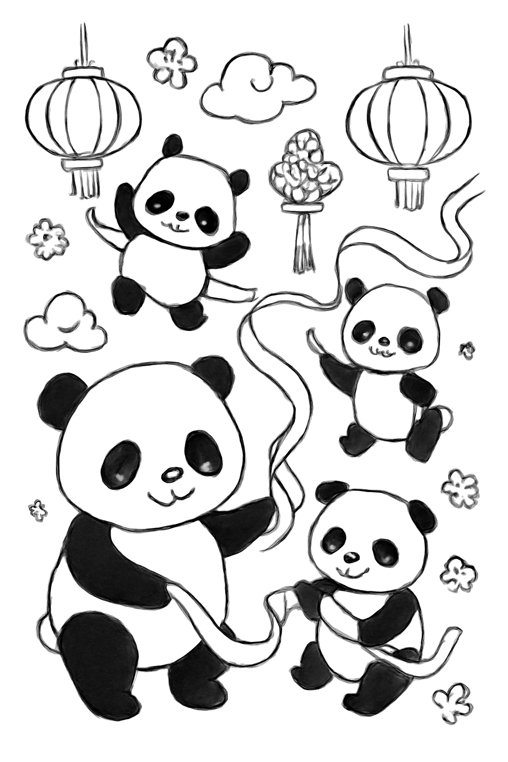 Free printable pandas celebrating Lunar New Year with ribbons coloring page for kids