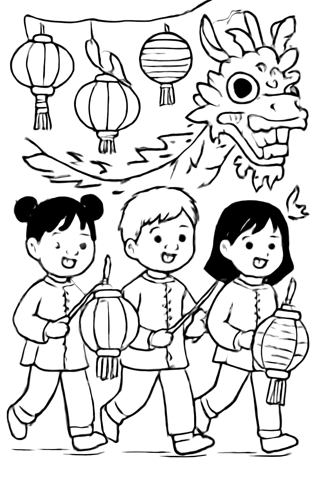 Free printable children carrying lanterns during a Lunar New Year parade coloring page