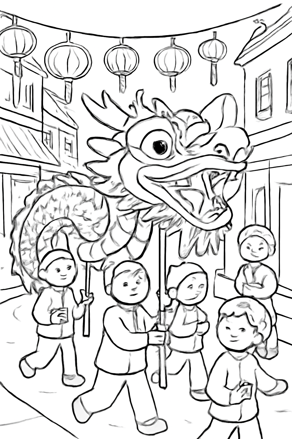 Free printable Lunar New Year dragon dance winding through the street coloring page for kids