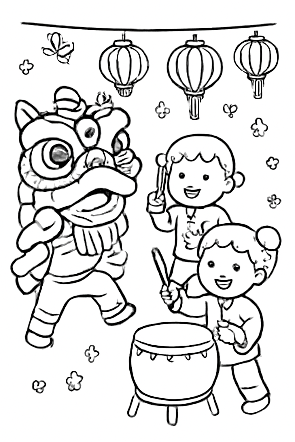 Free printable Lunar New Year lion dance with drummers coloring page for kids