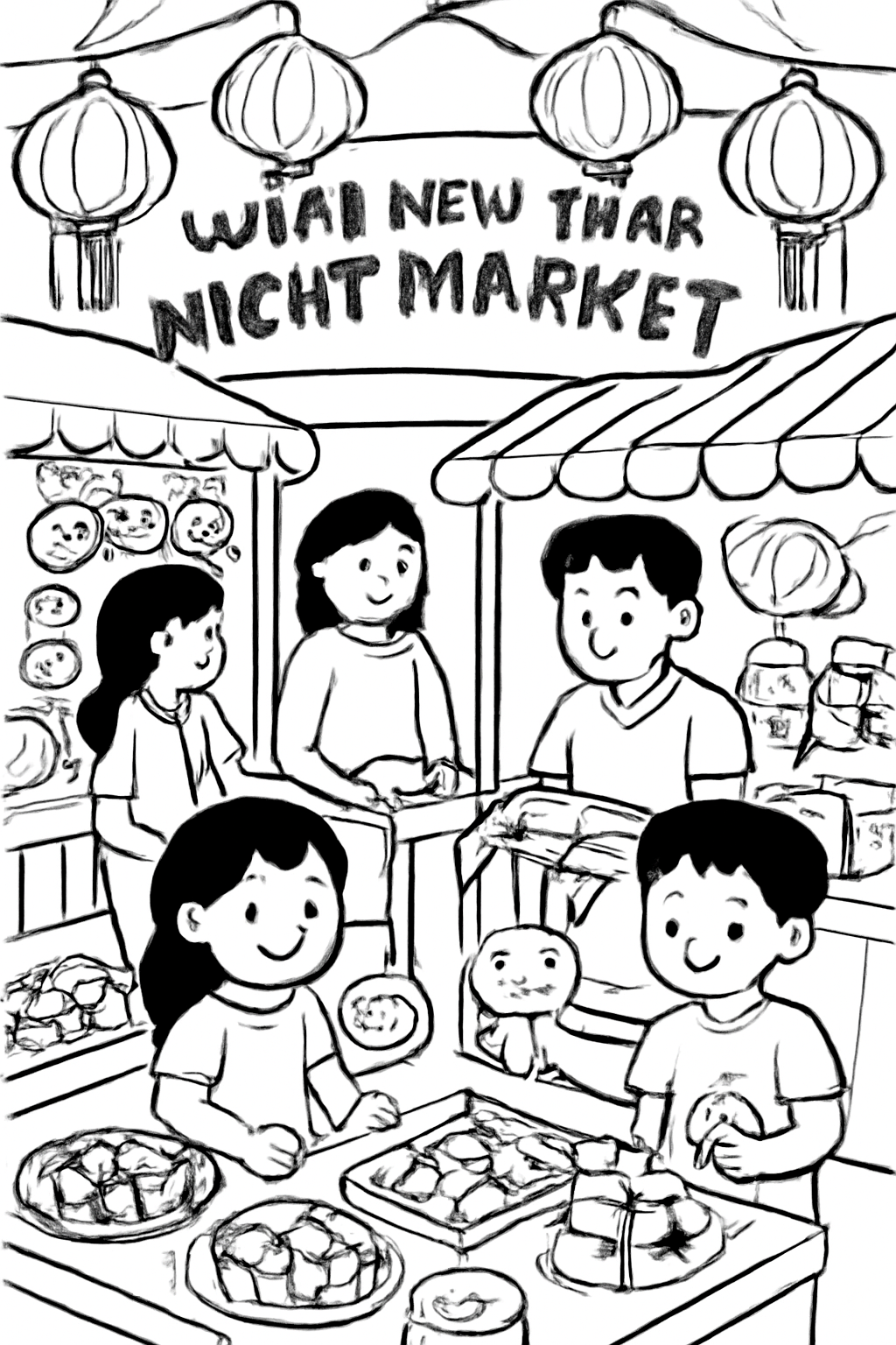 Free printable Lunar New Year night market with sweets and toys coloring page for kids