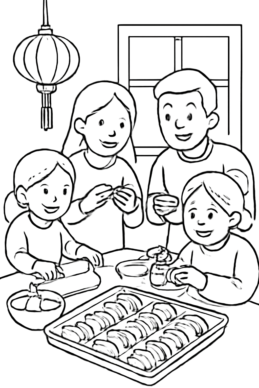 Free printable dumpling making with the whole family for Lunar New Year coloring page for kids