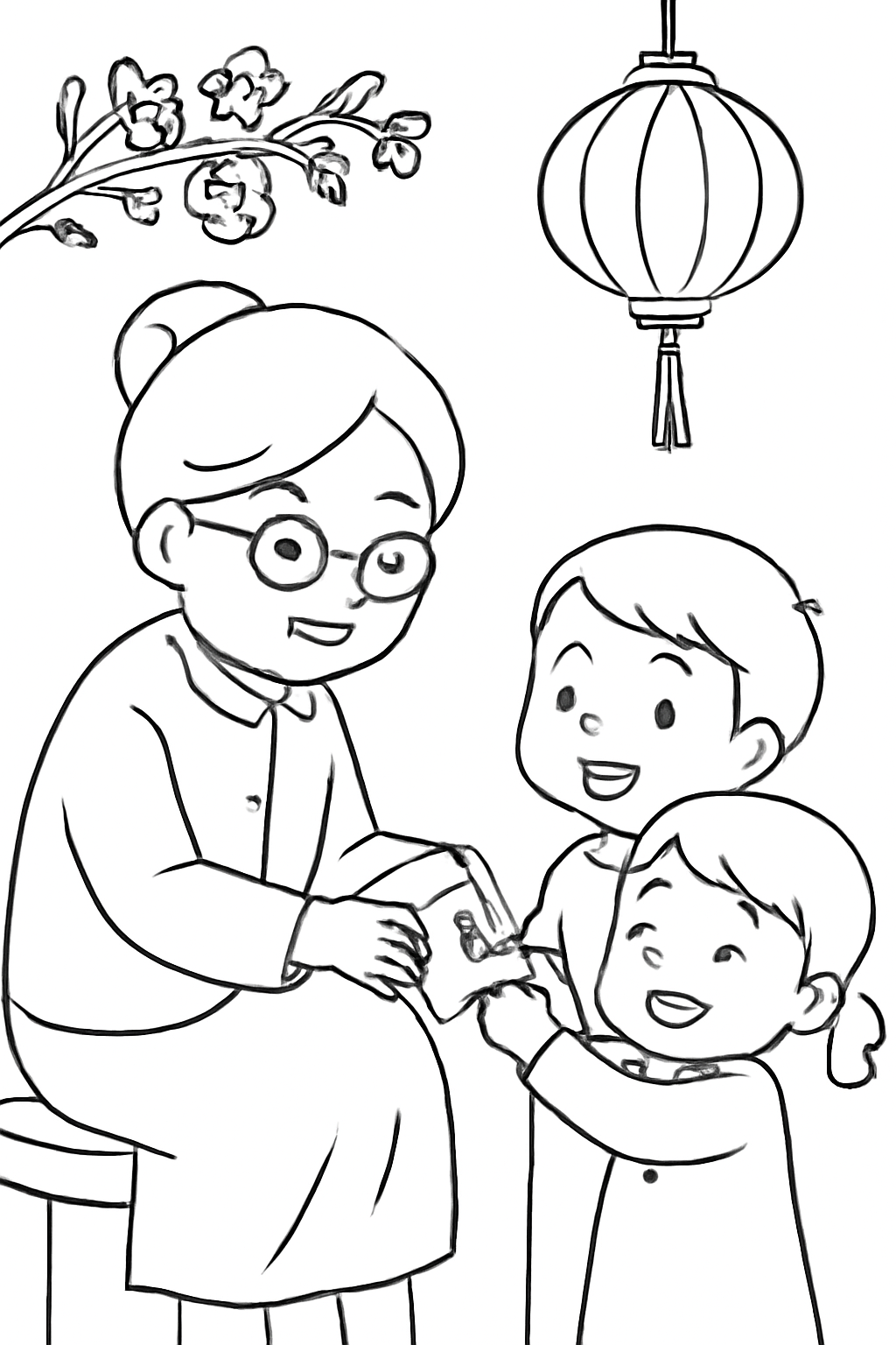Free printable grandmother giving red envelopes on Lunar New Year coloring page for kids