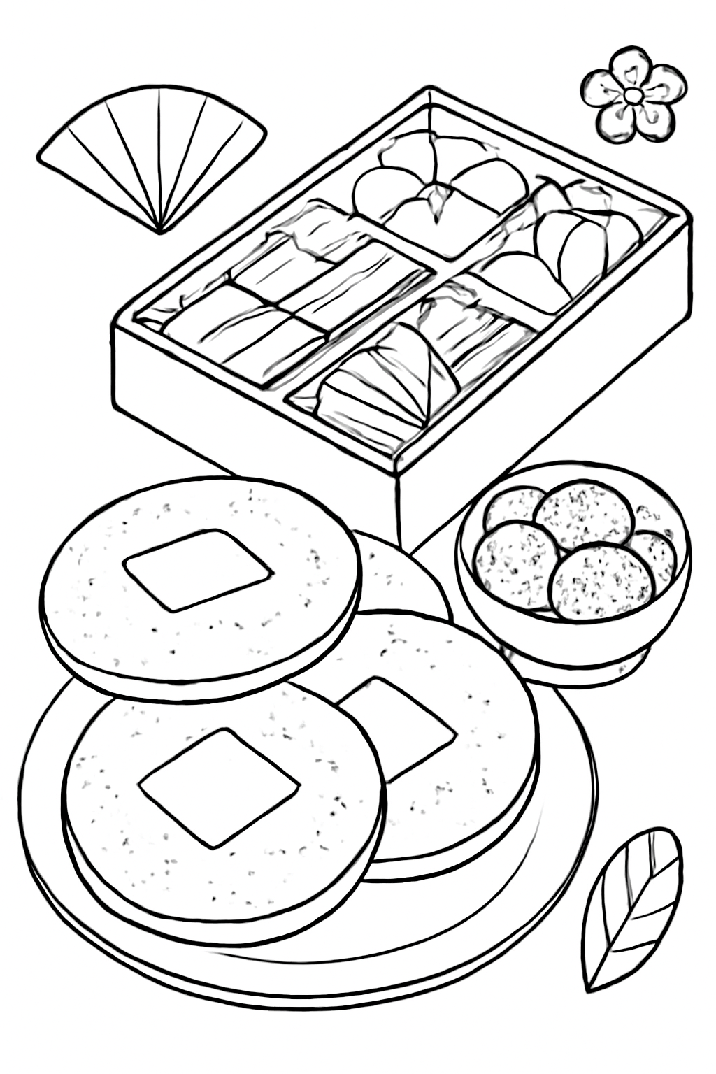 Free printable rice cakes and sweets box for Lunar New Year coloring page for kids