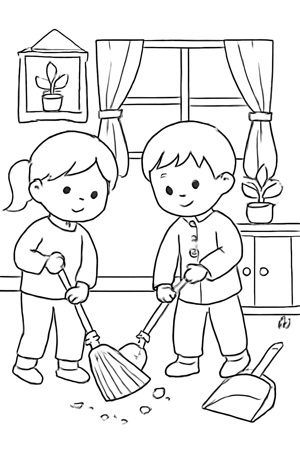Free printable children sweeping the house before Lunar New Year coloring page for kids
