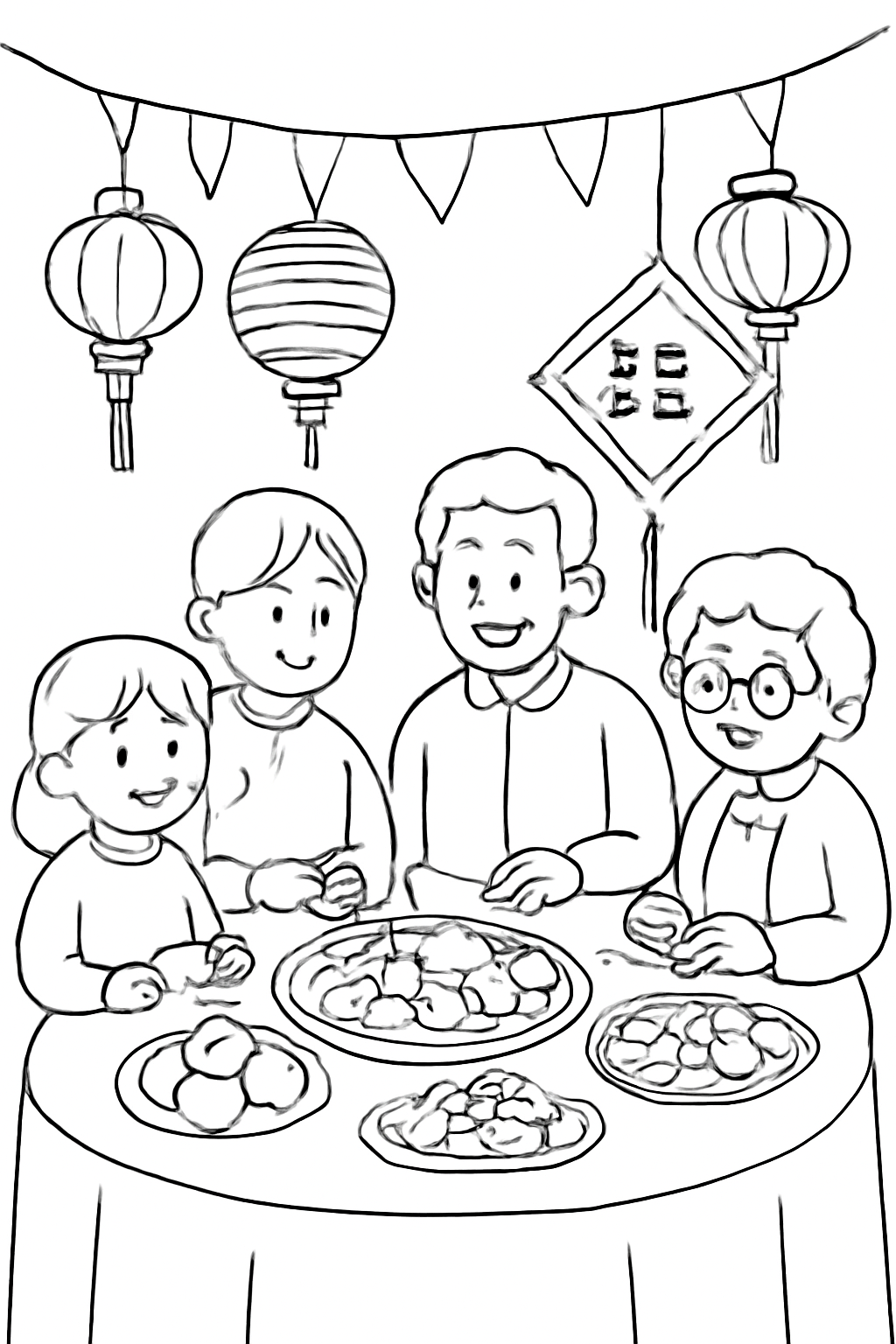 Free printable family reunion table with dumplings oranges and lanterns for Lunar New Year coloring page