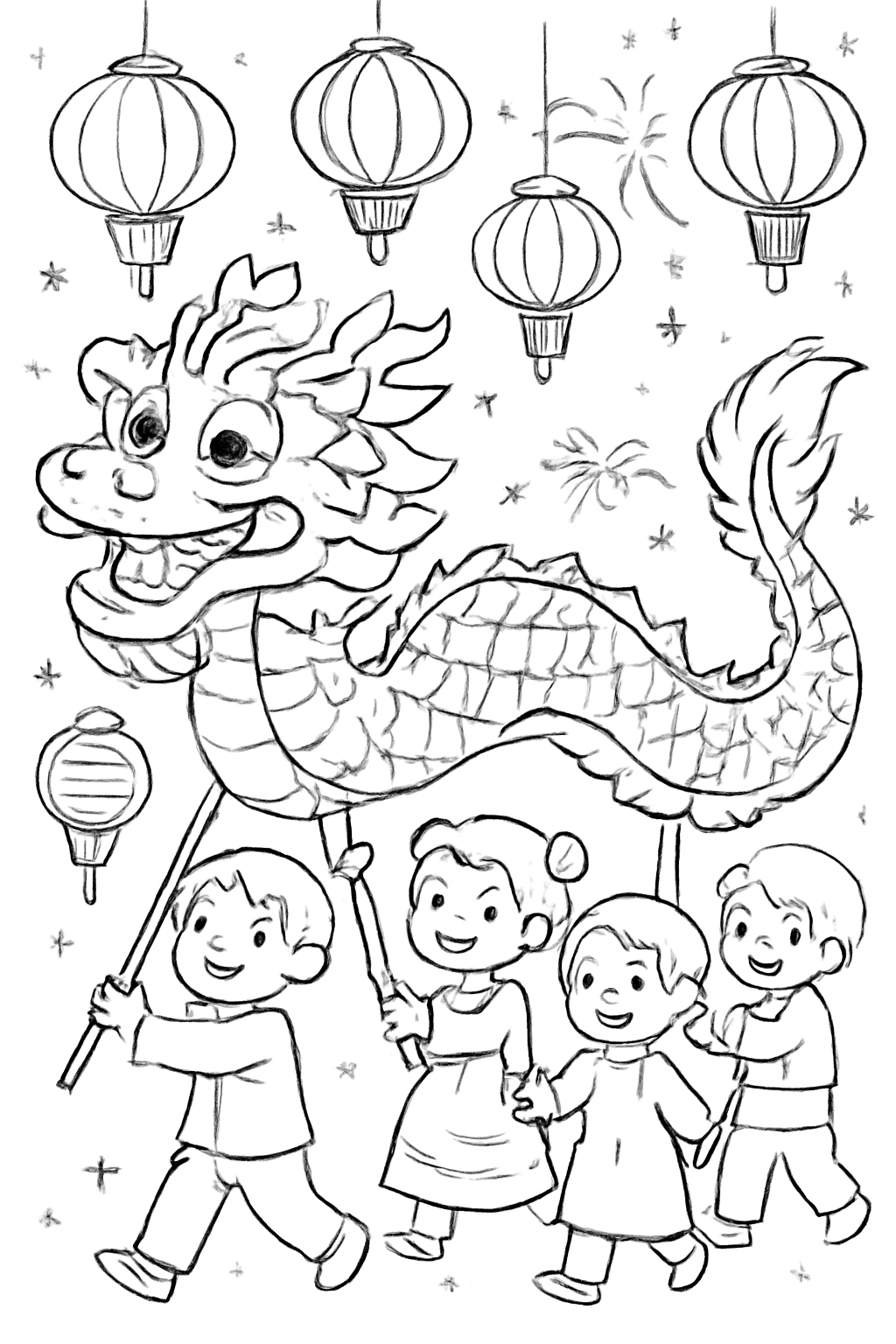 Free printable Lunar New Year lantern festival with an original friendly dragon dance coloring page