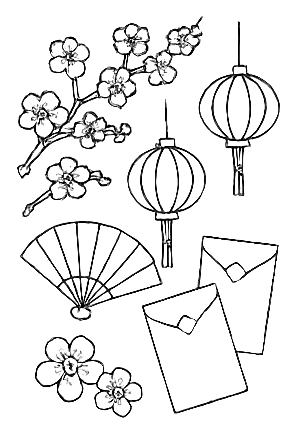 Free printable Lunar New Year plum blossoms lanterns fans and lucky envelopes without text coloring page