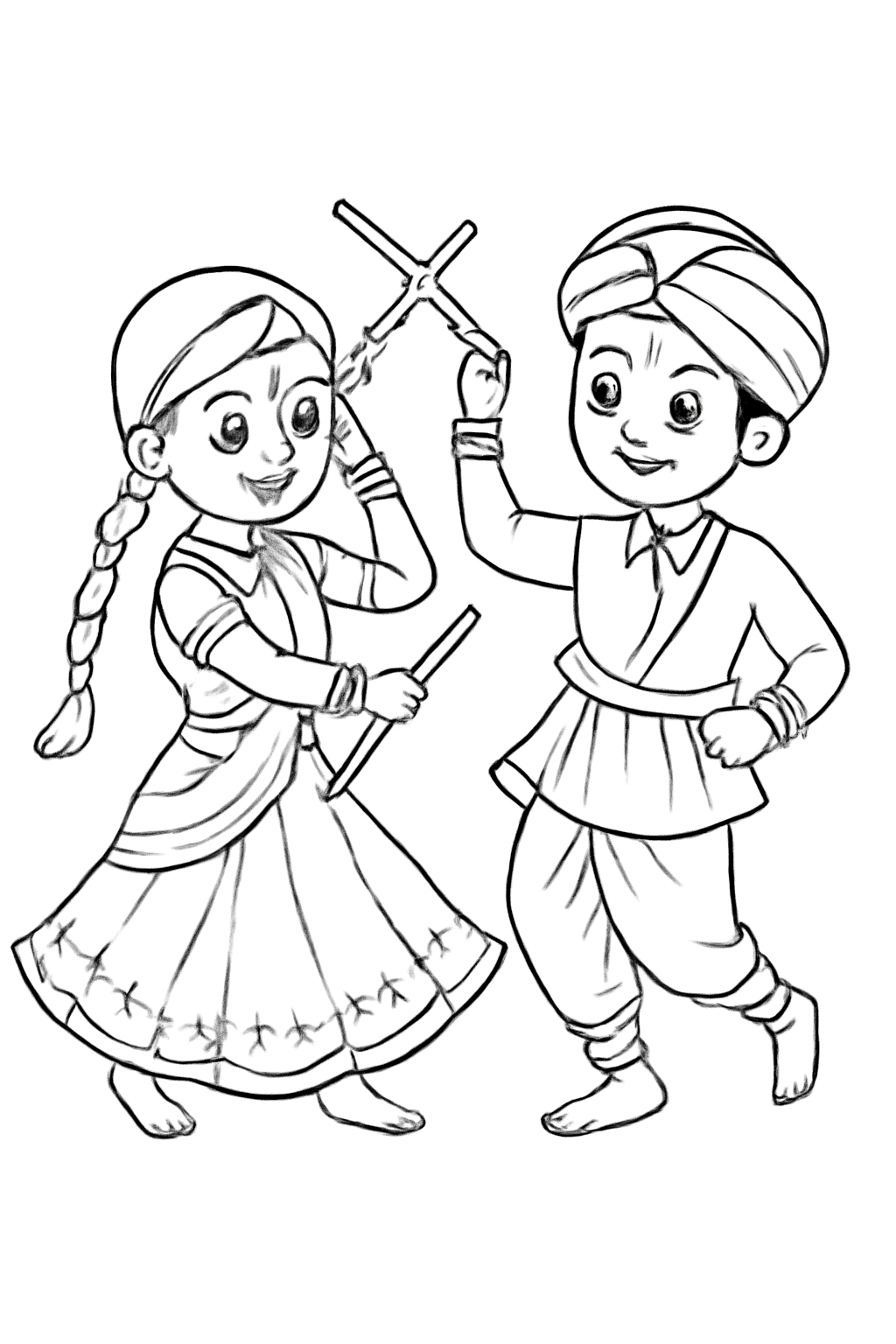 Free printable Navratri garba dancers with dandiya sticks in original traditional clothing coloring page