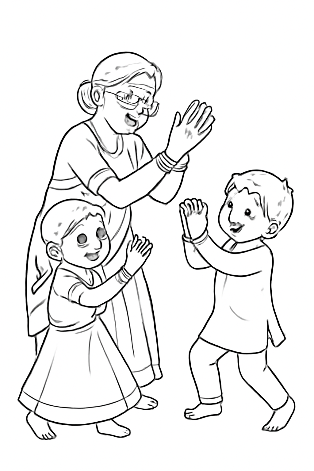 Free printable grandmother teaching garba claps for Navratri coloring page for kids
