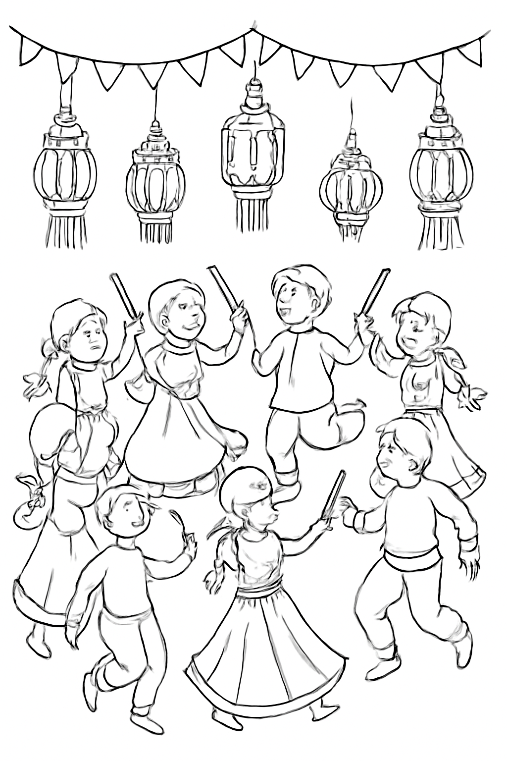 Free printable community garba circle beneath festival lanterns for Navratri coloring page